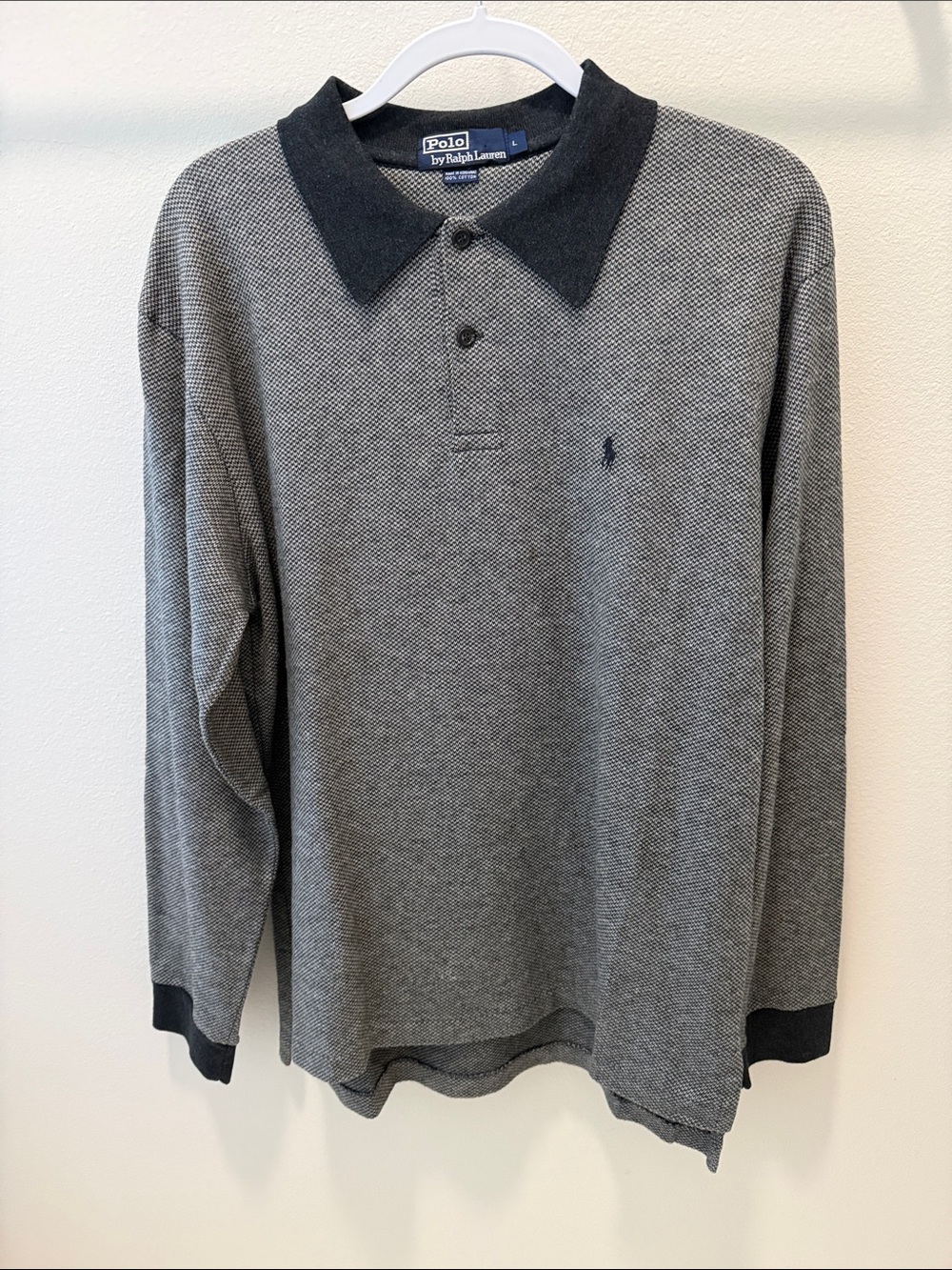Polo by Ralph Lauren 100% Cotton Long-Sleeve Gray Mesh Polo Shirt L